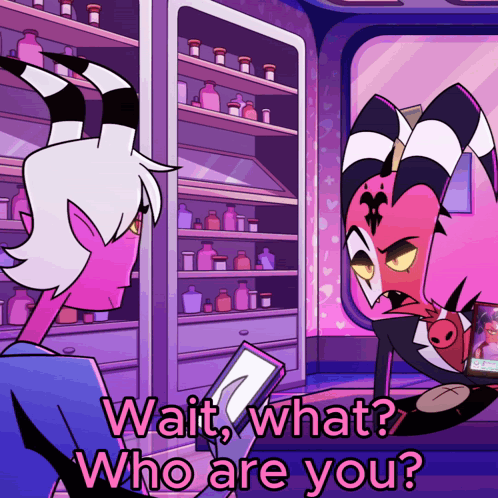 A Cartoon Character With Horns Is Talking To Another Character With The Words Wait What Who Are You GIF