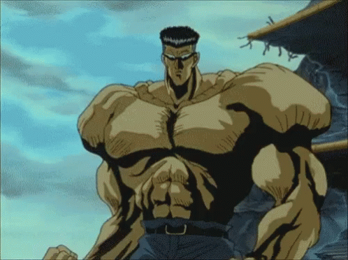 A Cartoon Character With Huge Muscles Is Standing In Front Of A Blue Sky GIF