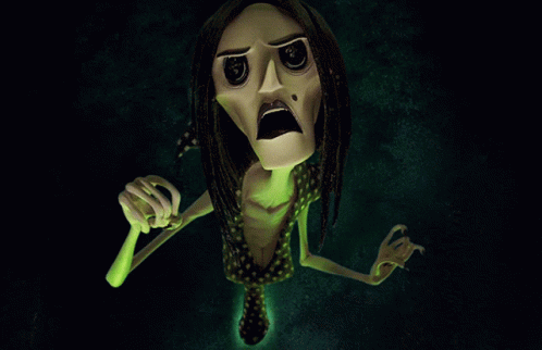 A Cartoon Character With Long Black Hair And Green Arms Is Making A Scary Face GIF