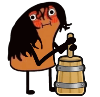 A Cartoon Character With Long Black Hair Is Holding A Wooden Barrel GIF