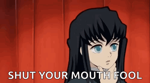 a cartoon character with long black hair is holding his hand to his chin and saying `` shut your mouth fool '' .