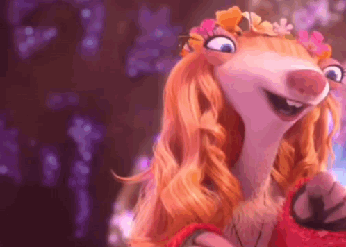 A Cartoon Character With Long Red Hair Is Wearing A Red Dress And A Flower Crown . GIF