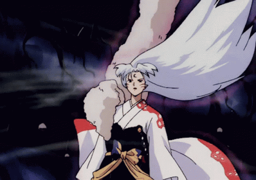 a cartoon character with long white hair and a red and white kimono