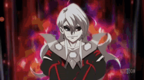 A Cartoon Character With Long White Hair And Red Gloves Is Standing In Front Of A Red Background . GIF