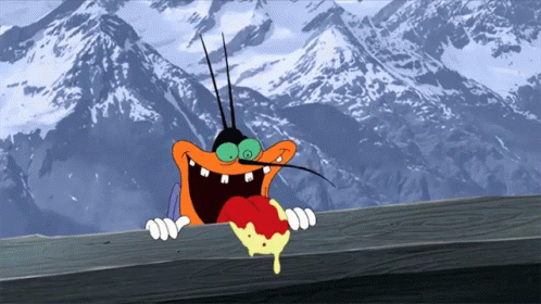 A Cartoon Character With Mountains In The Background Is Eating A Piece Of Pizza GIF