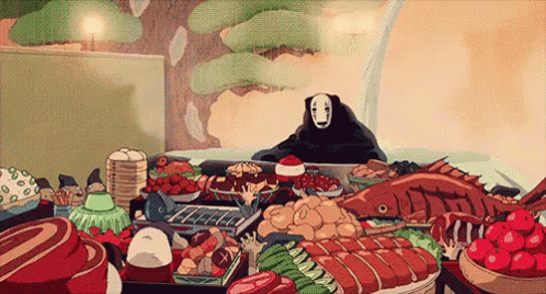 A Cartoon Character With No Face Is Sitting At A Table Filled With Lots Of Food . GIF