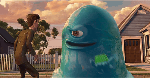 A Cartoon Character With One Eye Is Standing Next To A Man In Front Of A House GIF