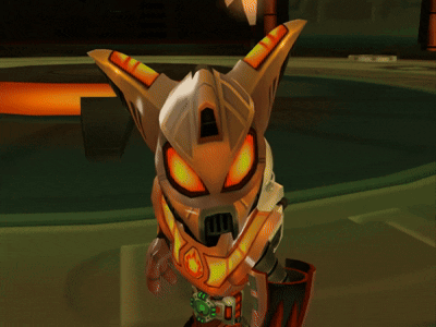 A Cartoon Character With Orange Eyes And A Helmet On GIF