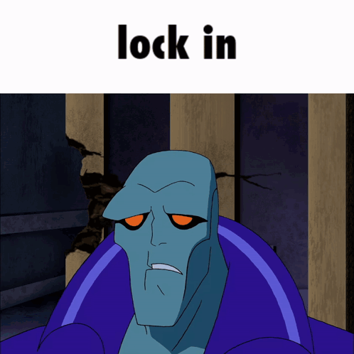 A Cartoon Character With Orange Eyes And The Words Lock In Below Him GIF