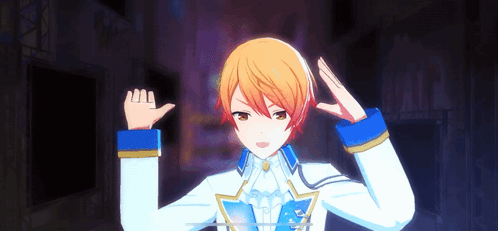 a cartoon character with orange hair and blue sleeves is standing in a dark room with his hands on his head .