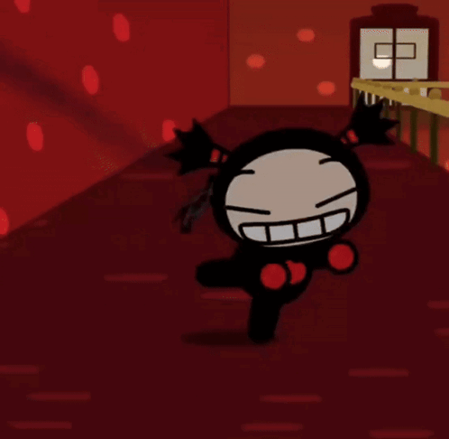 a cartoon character with pigtails is smiling in a room