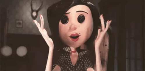 A Cartoon Character With Pink Buttons In Her Eyes Is Making A Funny Face . GIF