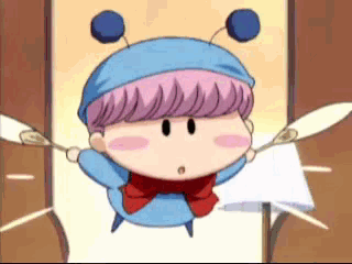 A Cartoon Character With Pink Hair And A Blue Hat GIF