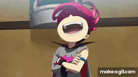 A Cartoon Character With Pink Hair And A Cape Is Laughing . GIF