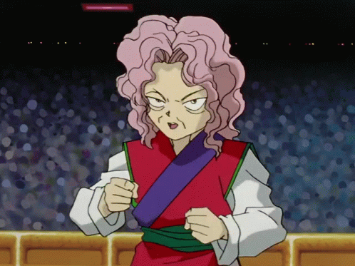A Cartoon Character With Pink Hair And A Purple Belt GIF