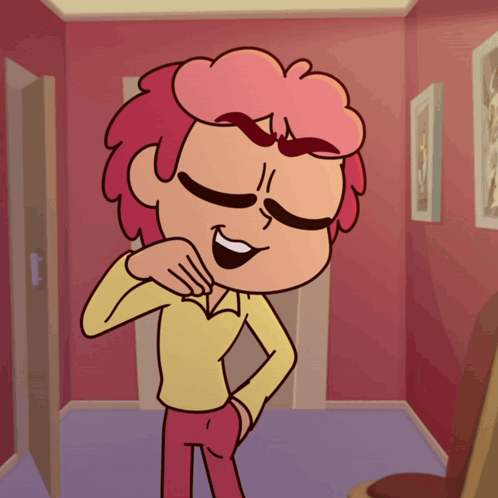 a cartoon character with pink hair and a yellow shirt is smiling