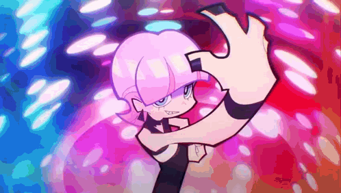 A Cartoon Character With Pink Hair And Black Nails Is Dancing In A Club . GIF