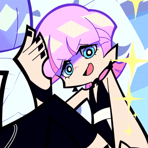A Cartoon Character With Pink Hair And Blue Eyes Is Laying Down GIF