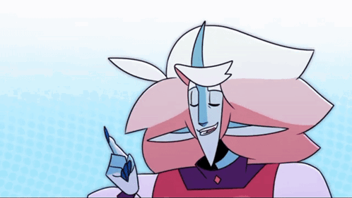 A Cartoon Character With Pink Hair And Blue Eyes Is Pointing Upwards GIF