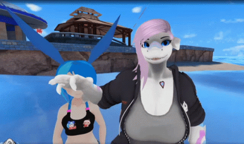 a cartoon character with pink hair and blue eyes is standing next to another cartoon character