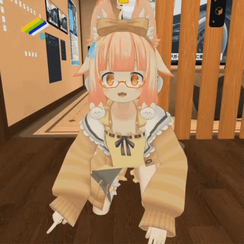 A Cartoon Character With Pink Hair And Glasses Is Sitting On A Wooden Floor GIF
