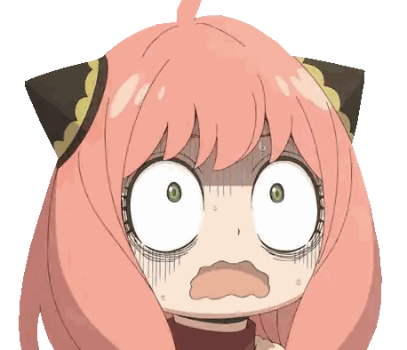 a cartoon character with pink hair and green eyes looks surprised