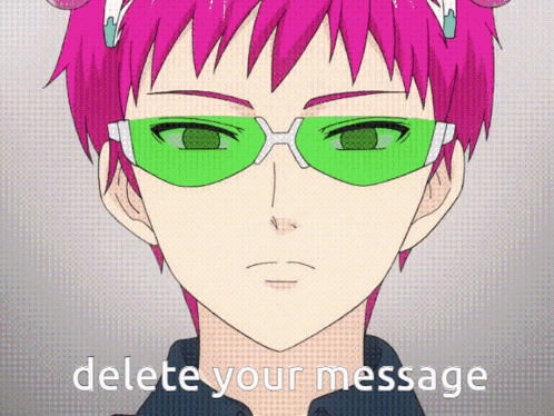 A Cartoon Character With Pink Hair And Green Glasses Has The Words Delete Your Message Below Him GIF