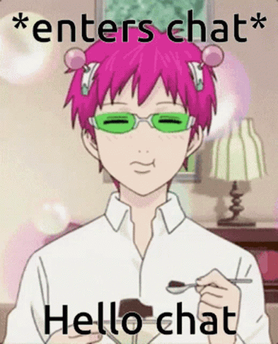 A Cartoon Character With Pink Hair And Green Glasses Is Holding A Spoon And Saying `` Enters Chat Hello Chat '' . GIF