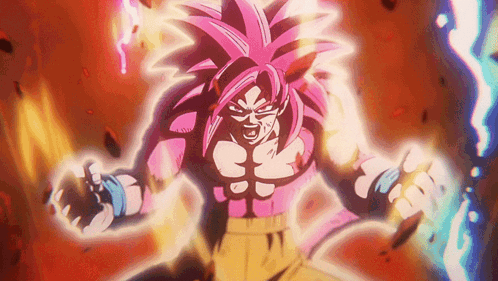 A Cartoon Character With Pink Hair And Muscles Is Standing In Front Of A Fireball . GIF