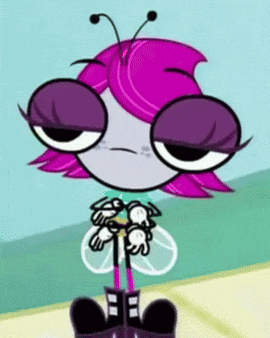 Cartoon Girl With Pink Hair And Purple Eyes Sitting Down GIF
