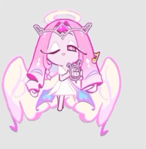 A Cartoon Character With Pink Hair And Wings Is Holding A Lyre GIF