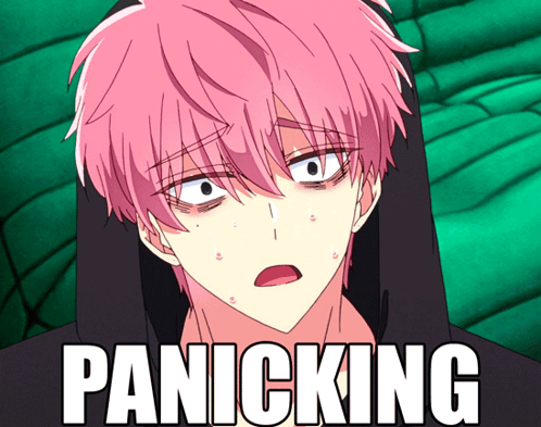 A Cartoon Character With Pink Hair Has Panicking Written On The Bottom GIF