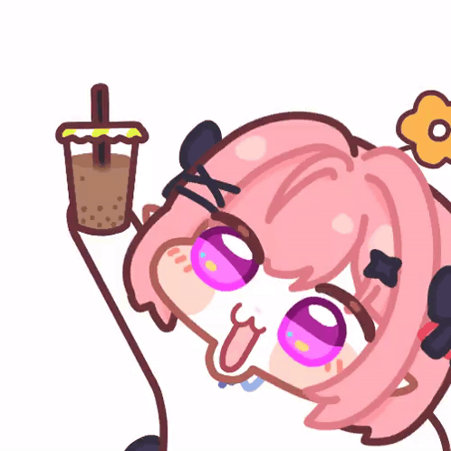 A Cartoon Character With Pink Hair Is Holding A Cup Of Coffee GIF