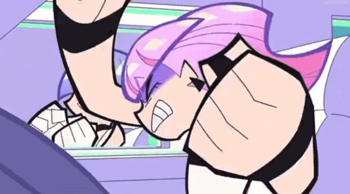 A Cartoon Character With Pink Hair Is Laying On A Bed With A Purple Background GIF