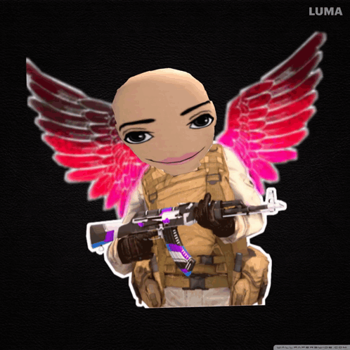 A Cartoon Character With Pink Wings Holding A Gun And The Name Luma At The Bottom GIF