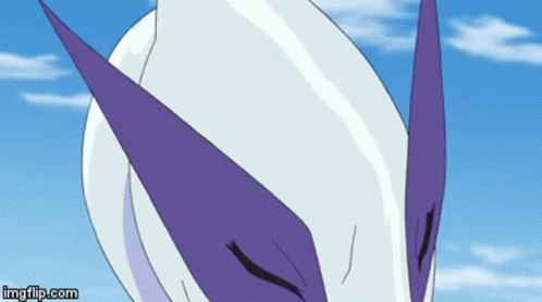 A Cartoon Character With Purple Eyes And A Blue Sky In The Background . GIF