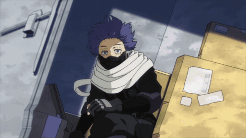 A Cartoon Character With Purple Hair And A Scarf Around His Face GIF