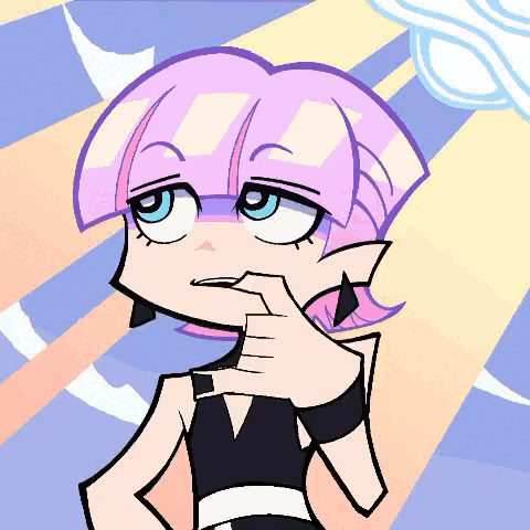A Cartoon Character With Purple Hair And Blue Eyes Holds Her Hand To Her Chin GIF