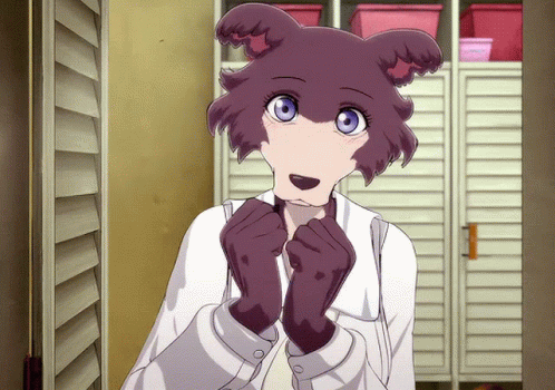 A Cartoon Character With Purple Hair And Blue Eyes Is Standing In A Room GIF