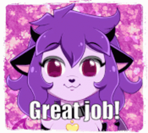 A Cartoon Character With Purple Hair And Horns Says Great Job . GIF
