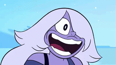 A Cartoon Character With Purple Hair And One Eye Is Smiling With Her Mouth Open . GIF