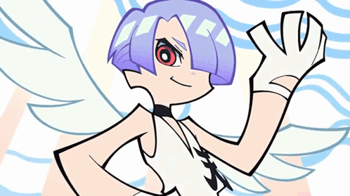 A Cartoon Character With Purple Hair And Red Eyes Waves Her Hand GIF