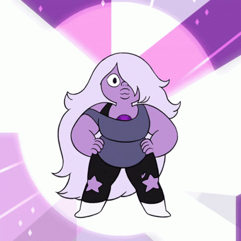 A Cartoon Character With Purple Hair And Stars On Her Pants Is Standing With Her Hands On Her Hips GIF