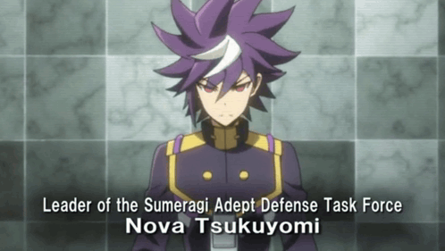 A Cartoon Character With Purple Hair And The Name Nova Tsukuyomi GIF