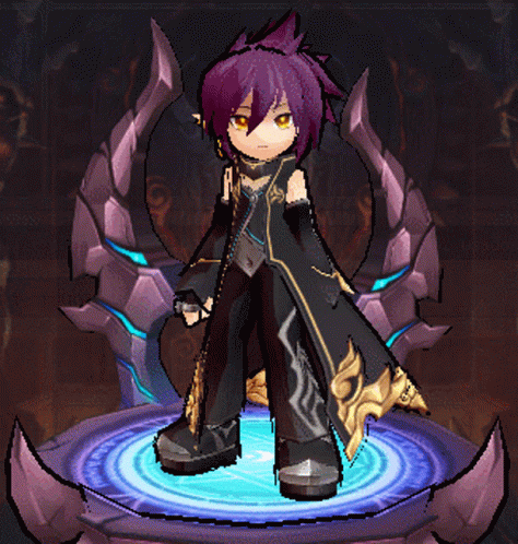 A Cartoon Character With Purple Hair And Yellow Eyes Is Standing On A Blue Circle GIF