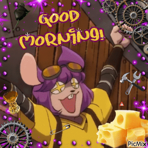 A Cartoon Character With Purple Hair Is Holding A Gear And Says Good Morning GIF