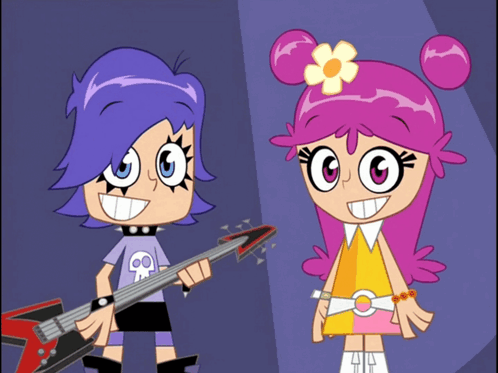 A Cartoon Character With Purple Hair Is Holding A Guitar GIF