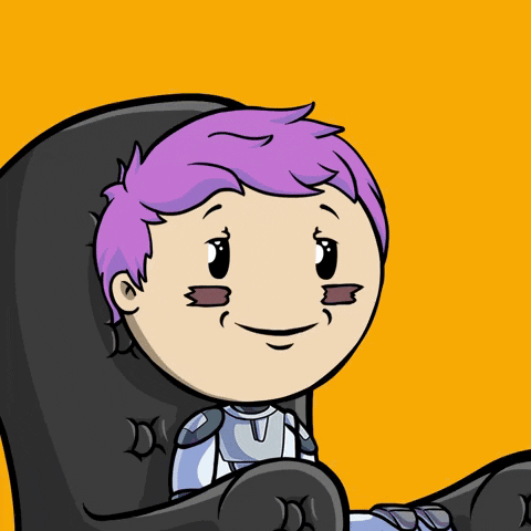Cartoon Character With Purple Hair Sitting In Black Chair GIF