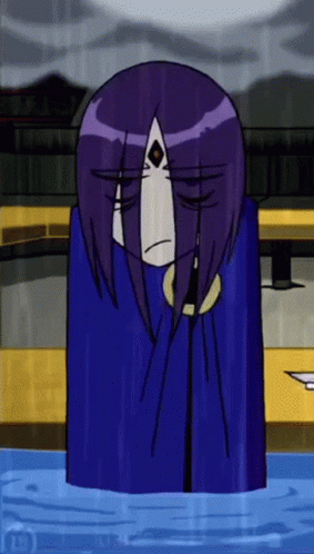 A Cartoon Character With Purple Hair Is Standing In The Water With His Eyes Closed GIF