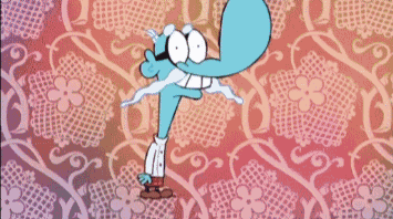 A Cartoon Character With Purple Hair Is Wearing A Blue Striped Shirt And Blue Shorts . GIF